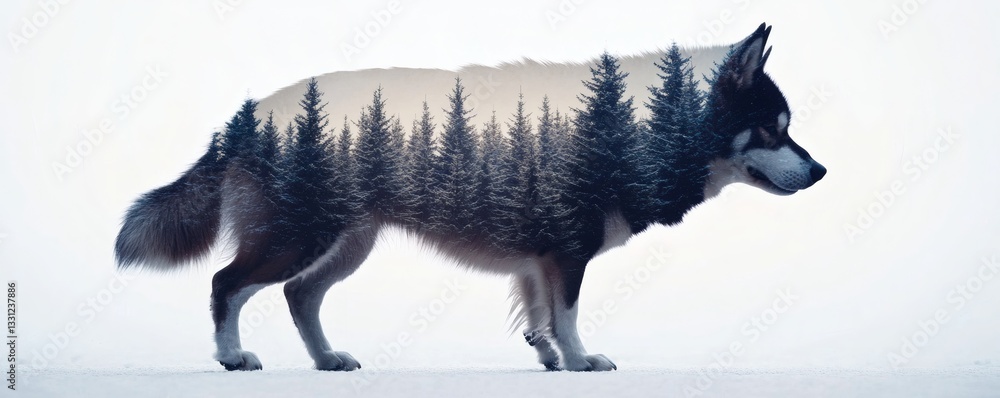 Poster a standing wolf form merged with a coniferous evergreen forest