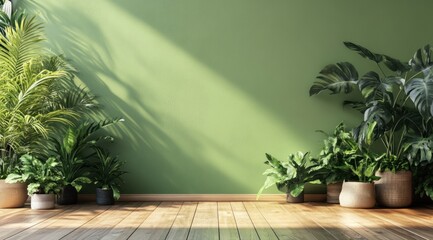 Obraz premium Sunlit green wall with potted plants.