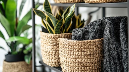 A modern shelving unit with woven baskets neatly categorizing household stock by use.