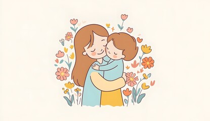 Heartwarming Mother's Day Family Embrace Amid Colorful Flowers and Pink Backdrop