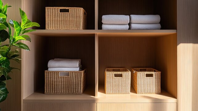 A modern shelving unit with woven baskets neatly categorizing household stock by use.
