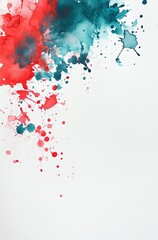Fototapeta premium White background, watercolor splashes in teal and red, flat lay