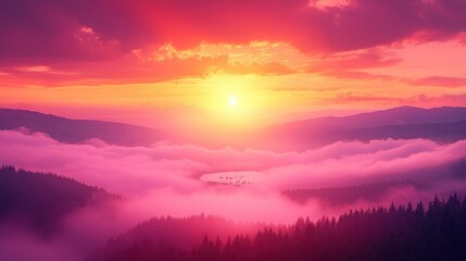 Obraz premium Pink sunset over mountains, fog-filled valley, and forest