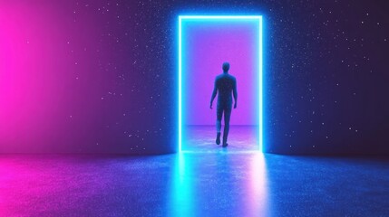 Obraz premium Neon Portal Man Entering Future