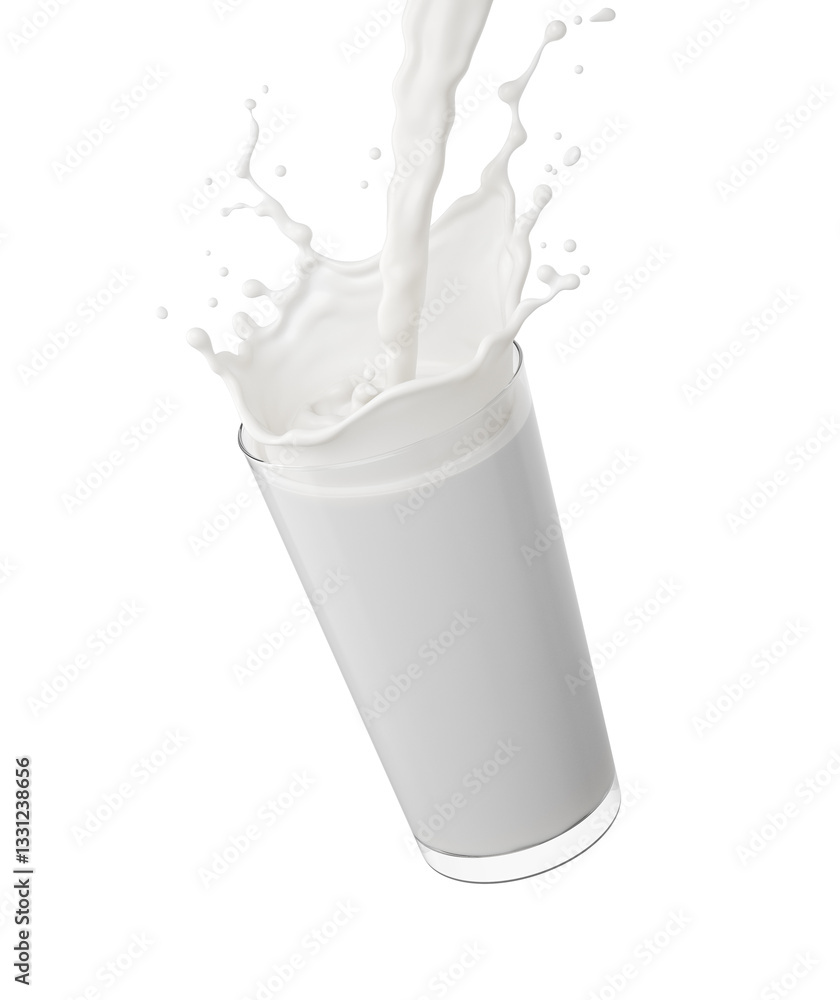 Poster splash of milk in the glass and pouring isolated on background with clipping path,3d rendering