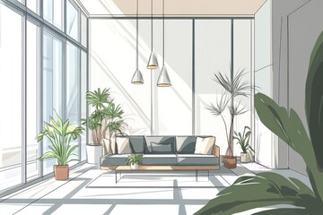 Sunlit living room with sofa, plants, and large windows.