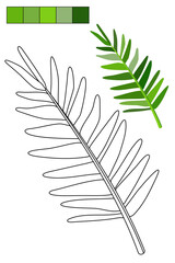 Fototapeta premium Coloring page whit tropical leaf for coloring book about exotic plants. Contour, colorful sample, color palette. For preschool and early elementary school children, to kid enjoy jungle vibes