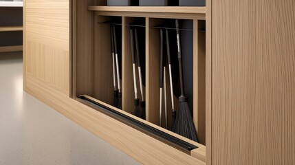 A sleek, modern broom closet with vertical slots keeping mops and brooms upright and organized.