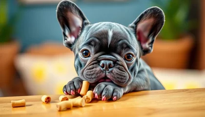 Adorable blue pied French bulldog puppy clings to table edge, awaiting treats, cute dog, photography