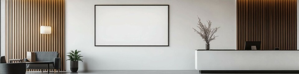 A minimalist hotel lobby with modern d?(C)cor, featuring a sleek poster mockup on a clean white wall near the reception area.