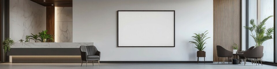 A minimalist hotel lobby with modern d?(C)cor, featuring a sleek poster mockup on a clean white wall near the reception area.