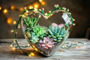 A heart-shaped terrarium with succulents and fairy lights, placed on a rustic table, soft green and pink,