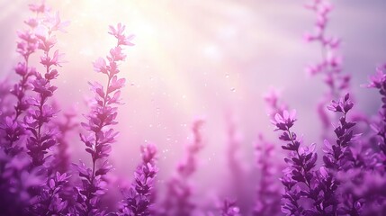 Naklejka premium Purple flowers bloom, sunlit and ethereal. Soft focus, dreamy scene
