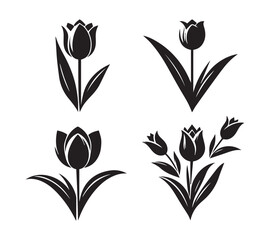stylized black tulip silhouettes against a white background