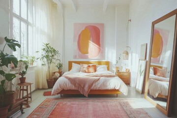 Sunlit bedroom with mustard bed, pink rug, and abstract art.