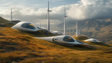 futuristic wind turbines on the hills