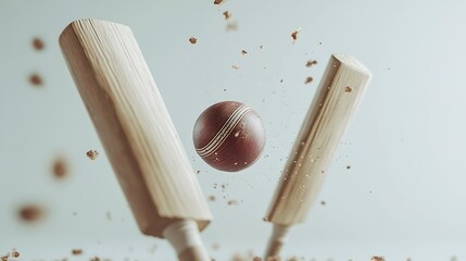 Cricket bat and cricket ball hitting wicket stumps knocking bails out