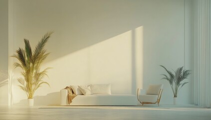 Sunlit white living room with beige couch and plants. Use for interior design inspiration