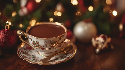 Fototapeta premium Cup of hot chocolate in a fancy bone cup with gold and a silver spoon in front of a christmas
