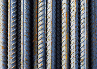 Close-up of reinforced steel rebar bars in industrial setting
