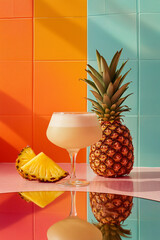 Pina colada cocktail on a tabletop, with vibrant colors and creamy texture background