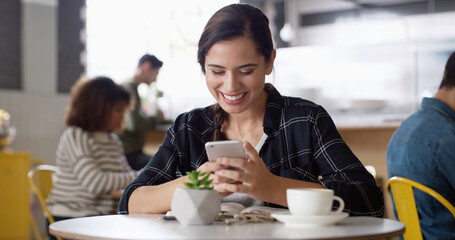 Happy, internet and woman in cafe, smartphone and typing with social media, humor and relax. Person, mobile user and girl in restaurant, coffee and cellphone with digital app, laughing and funny meme