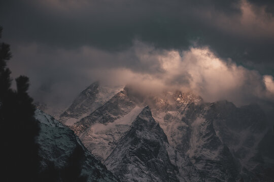 Sunrise in the snow covered mountains