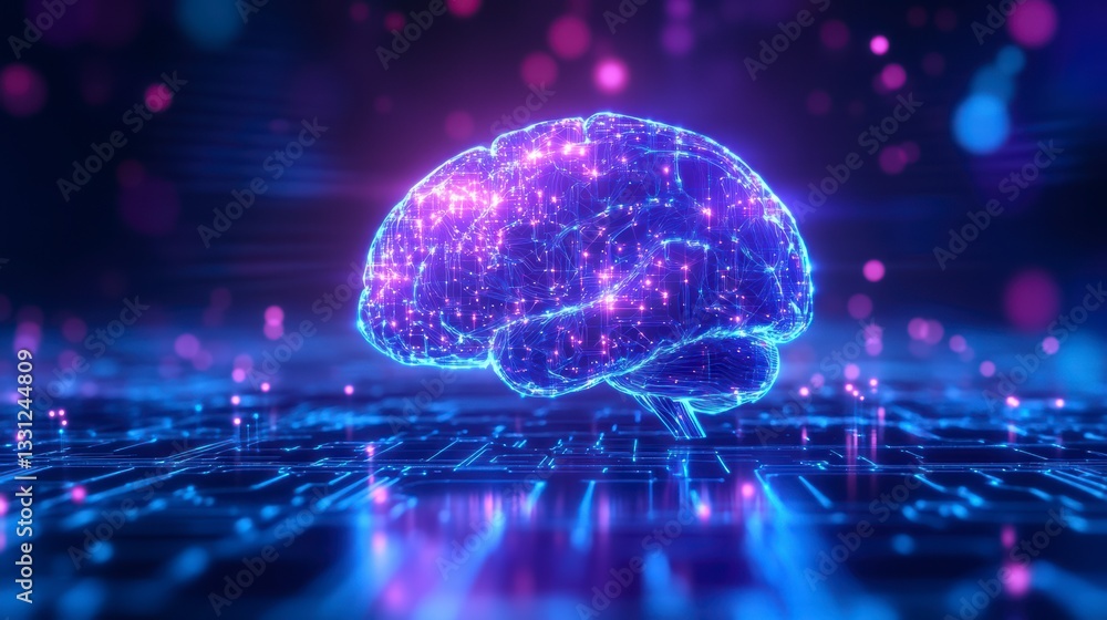 Poster digital brain: a glowing brain hologram floats above a circuit board, symbolizing the power of artif