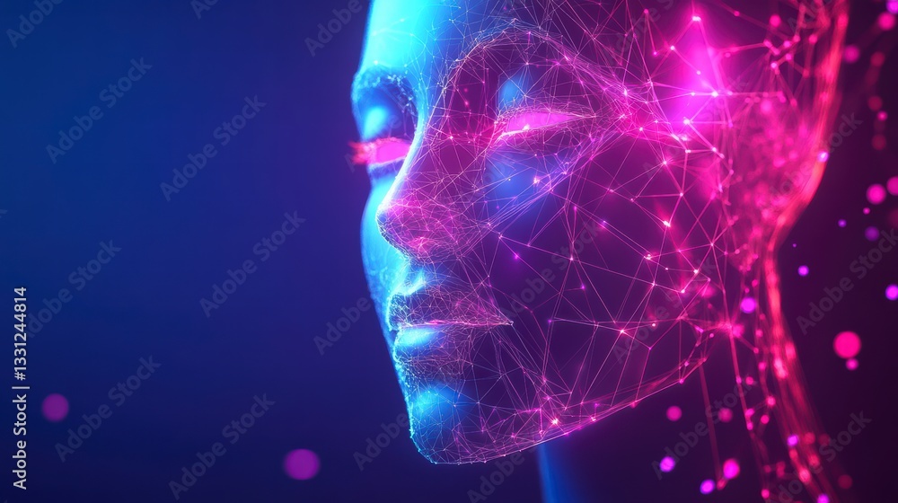 Poster digital brain: a stunning display of a digital head, adorned with a network of data points that vivi