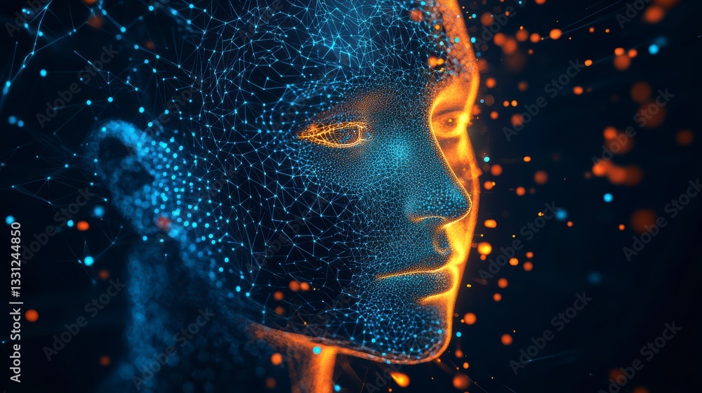 Poster digital avatar: an artistic representation of a human face, sculpted from interconnected points of l