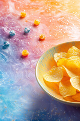 Plain kettle chips on a tabletop, vibrant colours, and tempting dips