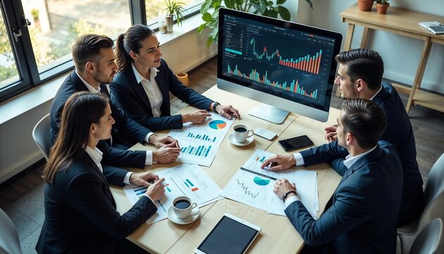 Modern Office Meeting with Data Insights and Digital Transformation