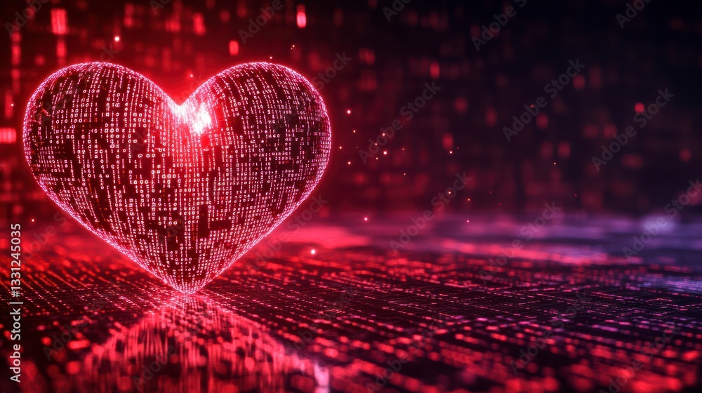 Poster digital heart: a glowing digital heart pulses with intricate code, symbolizing love and connection i