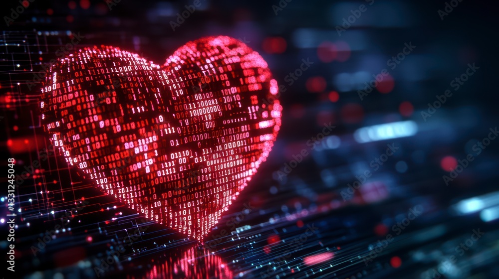 Poster digital heart: a captivating representation of a heart formed from digital elements, set against a b