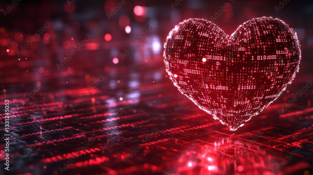 Poster digital heart: a captivating display of a heart crafted from glowing digital code and data, set agai