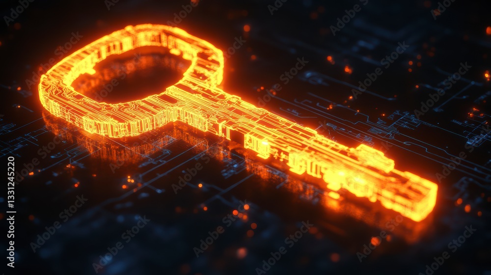 Poster digital key unveiled: a glowing key design, rendered in a futuristic digital style, floats against t