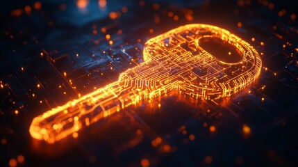 Cybersecurity Encryption: A glowing key, rendered in a high-tech aesthetic, symbolizes digital security and access, underscored by a vibrant circuit board backdrop.