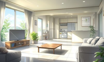 Fototapeta premium Sunny Japanese style apartment living room, open kitchen view, tranquil scene