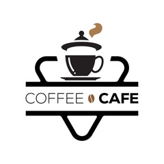 Coffee cup logo template. Coffee house label on black