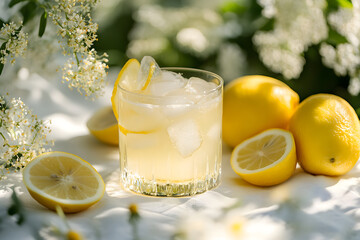 Refreshing glass of elderflower cordial with ice cubes and lemon slices for a perfect summer drink.