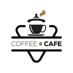 Coffee cup logo template. Coffee house label on black