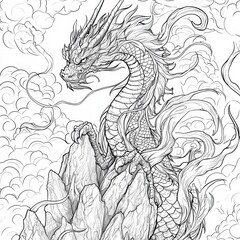 Celestial Dragon: A detailed, black-and-white artistic illustration of a majestic dragon atop a mountain, surrounded by wispy clouds, evoking a sense of mythical grandeur.