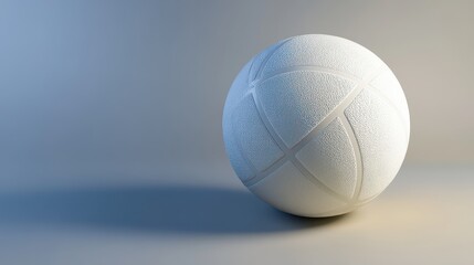 A close-up of a volleyball resting on a smooth surface, with clean lighting that highlights the ball's texture and seams.