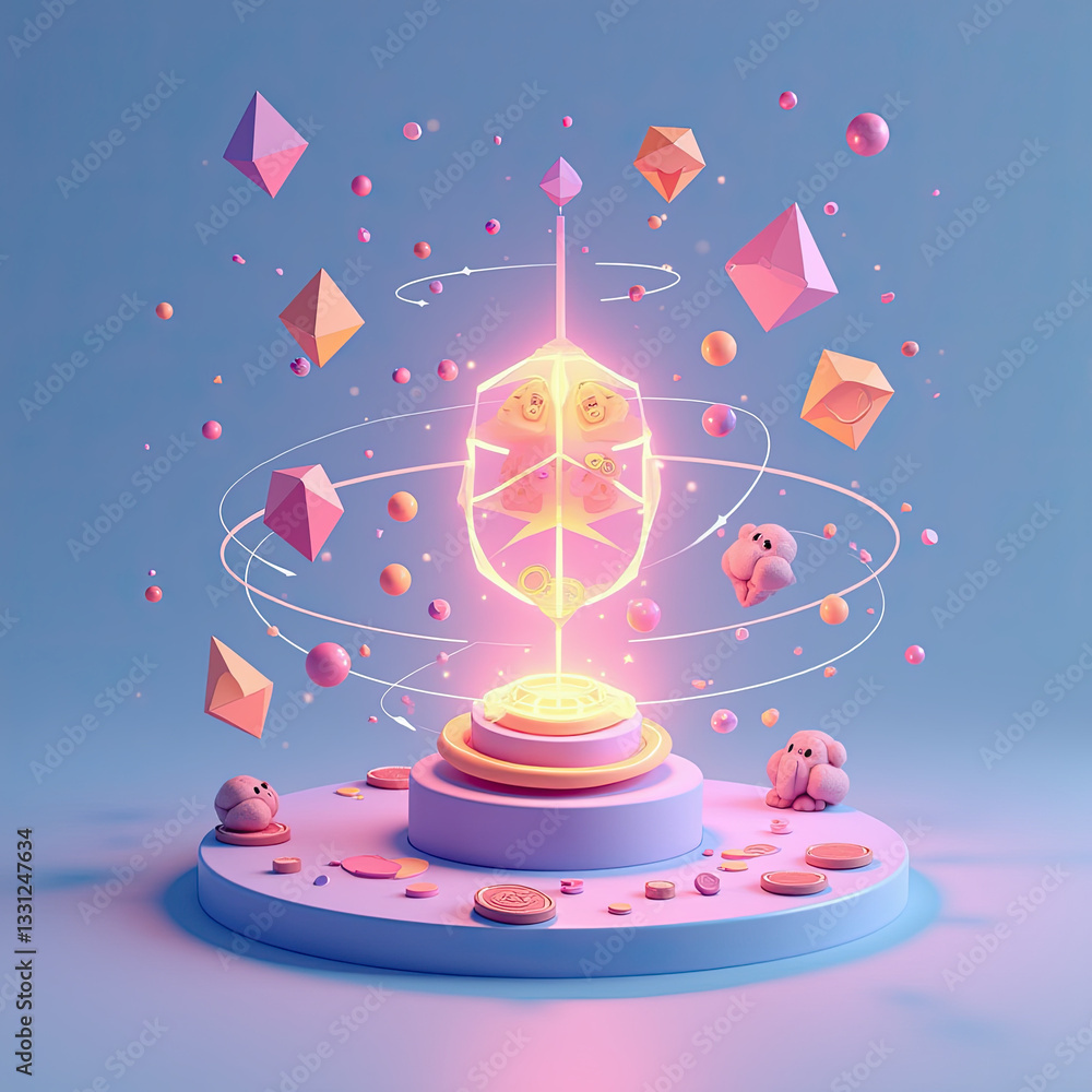 Poster Magical Pastel 3D Render with Floating Objects - Pastel colors