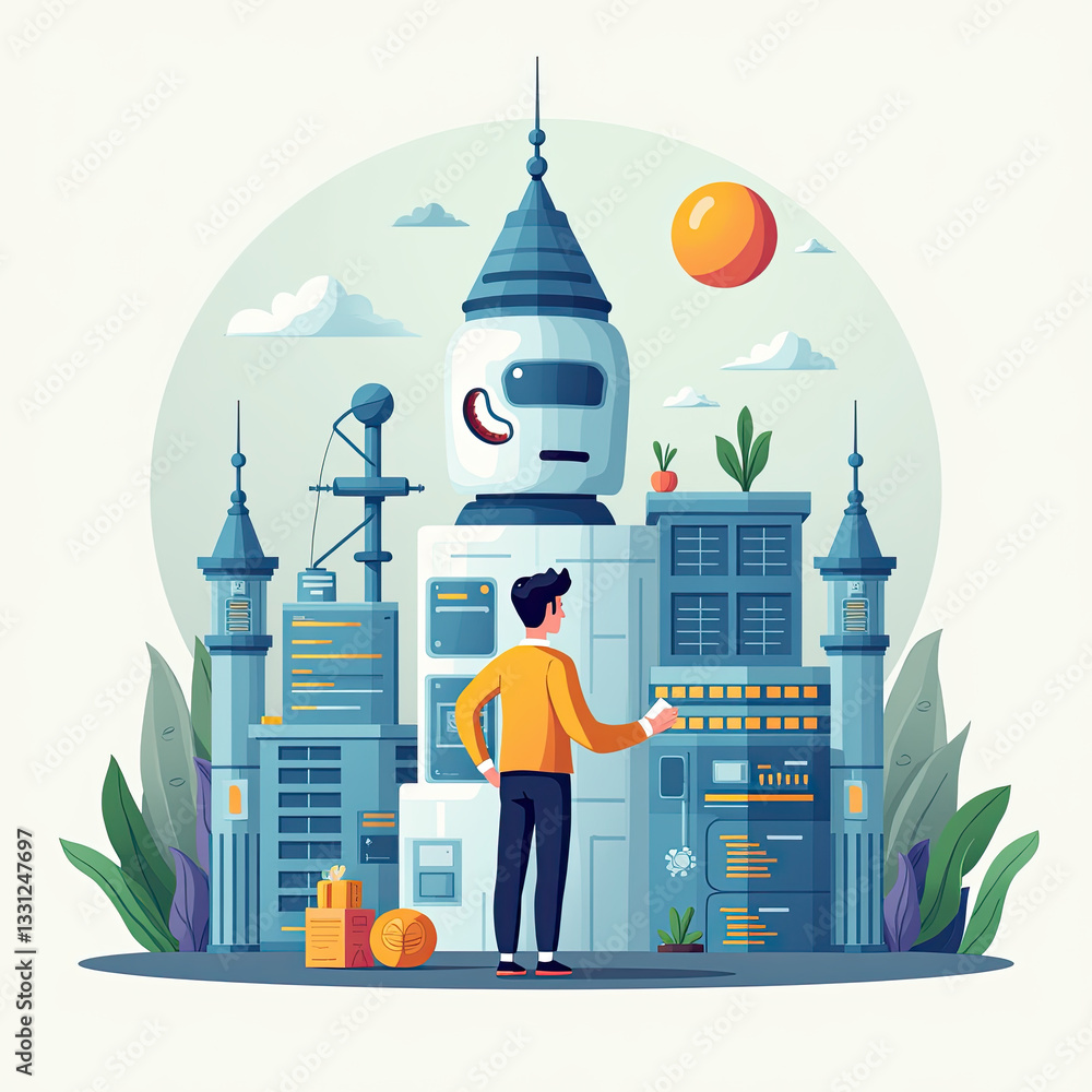 Aufkleber man interacting with ai robot city - ai & robotics