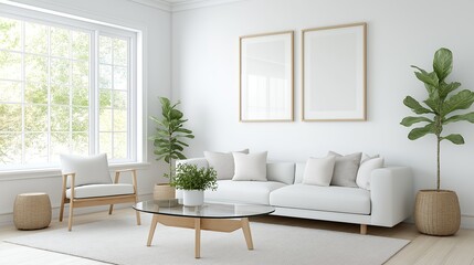 Fototapeta premium Man cleaning a glass coffee table in a bright living room with modern decor