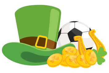 Happy St. Patrick's Day - soccer ball, hat, gold coins, horseshoe, shamrock,, - lucky vector graphics - sport	