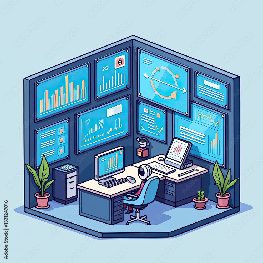 Aufkleber modern isometric office workspace with data analytics - isometric i.