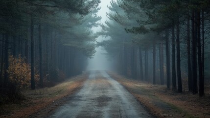 Obraz premium A quiet road through a foggy pine forest, mysterious