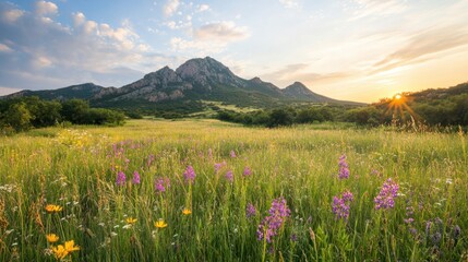 Mountain landscape with wildflowers sunset sky